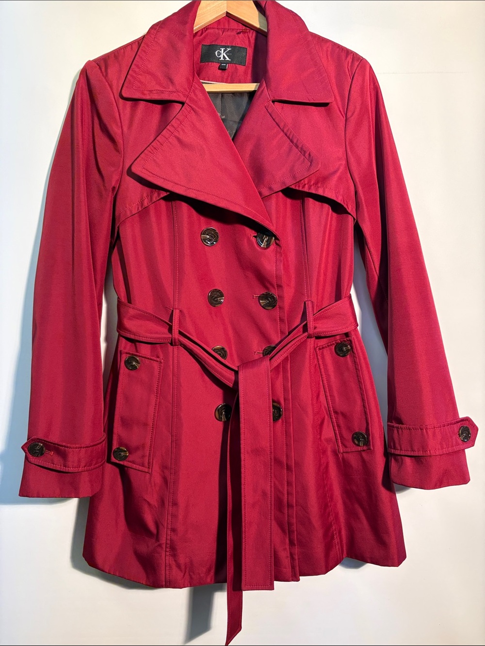 Calvin Klein Women's Red Double-Breasted Trench Coat with Waist Tie